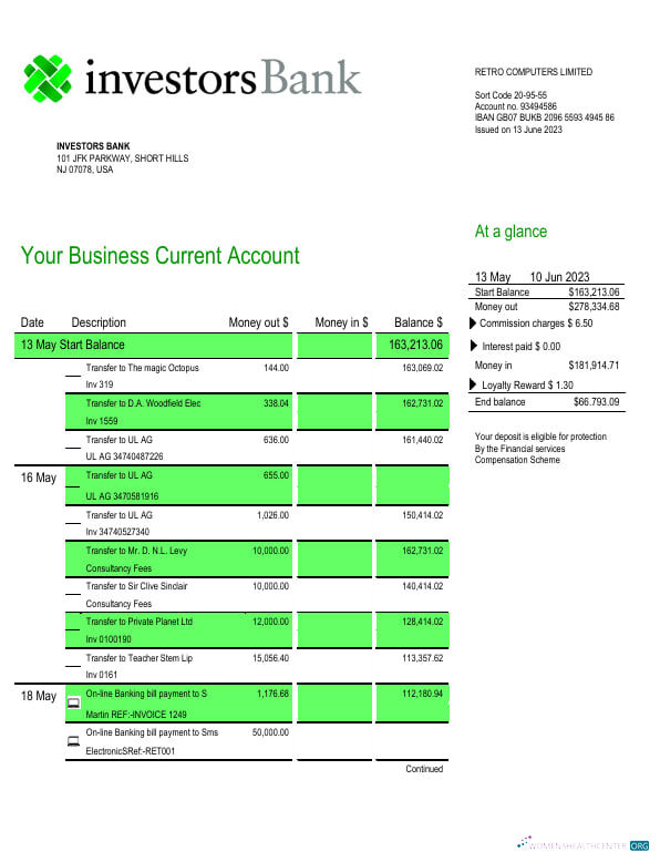 Download Investors Bank business checking account statement Word and PDF template Photoshop template